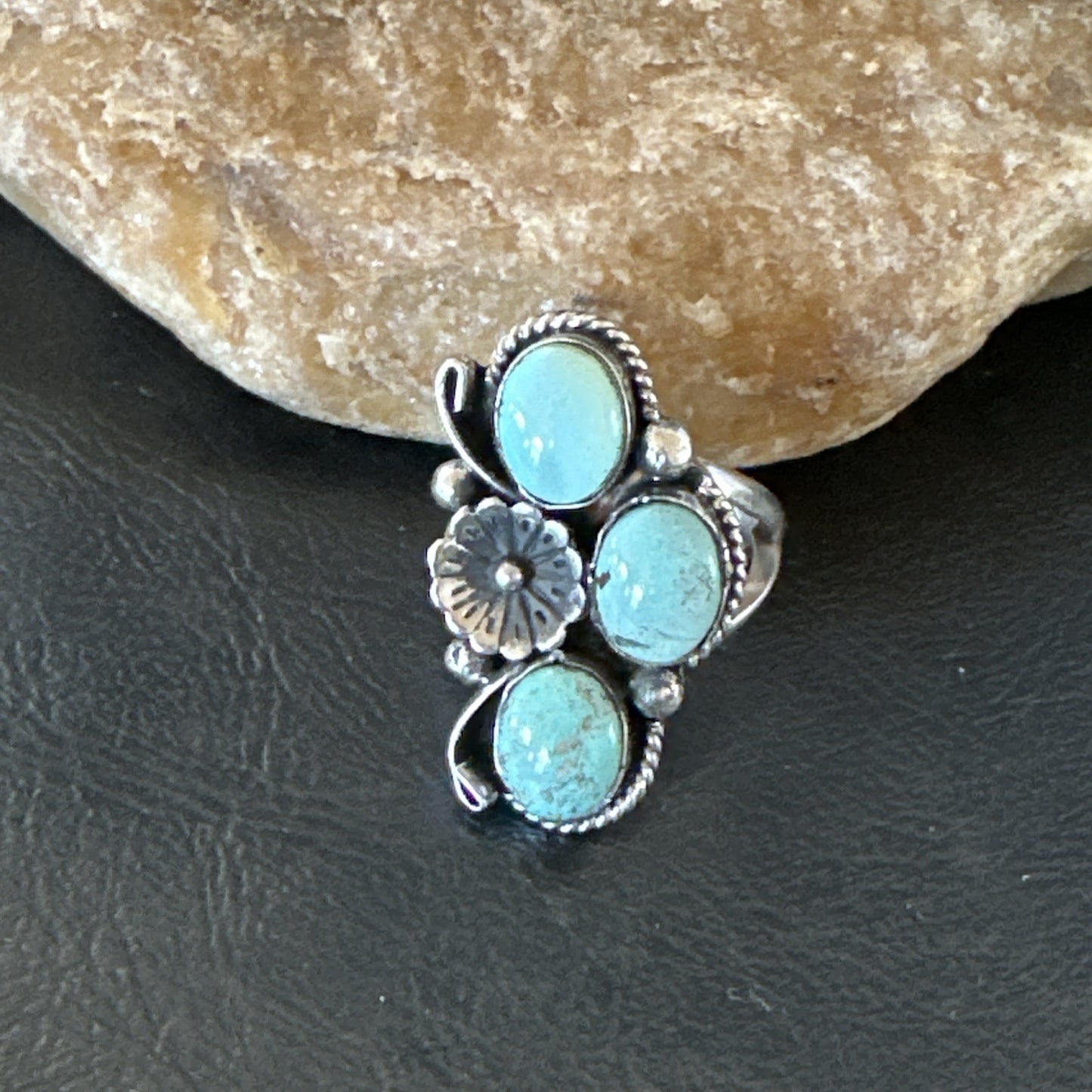 Yazzie Ring Blue Turquoise Navajo Sterling Silver Cluster Size 10 19218