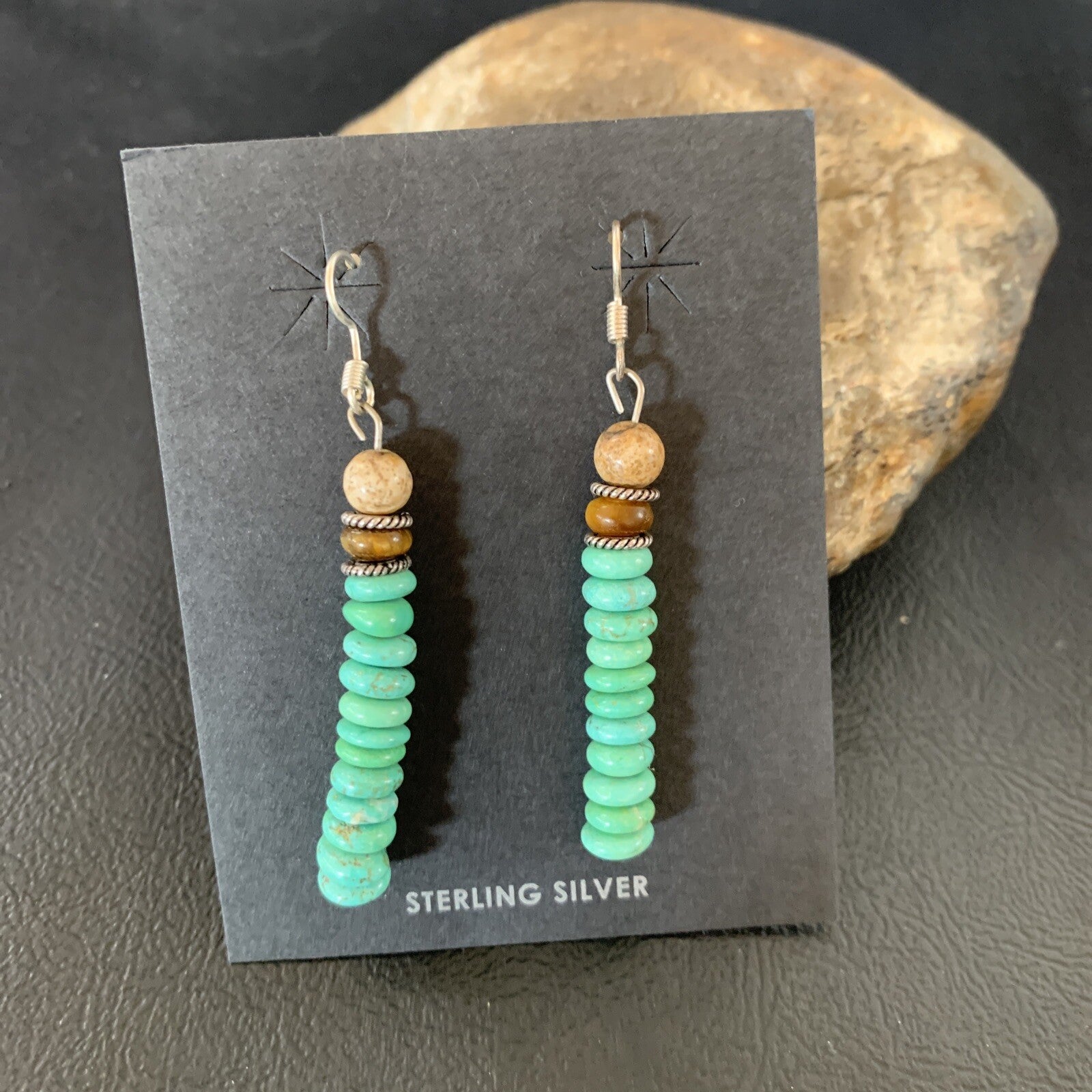 Green Turquoise & Picture Jasper Bead Navajo Sterling Silver Earrings 04080