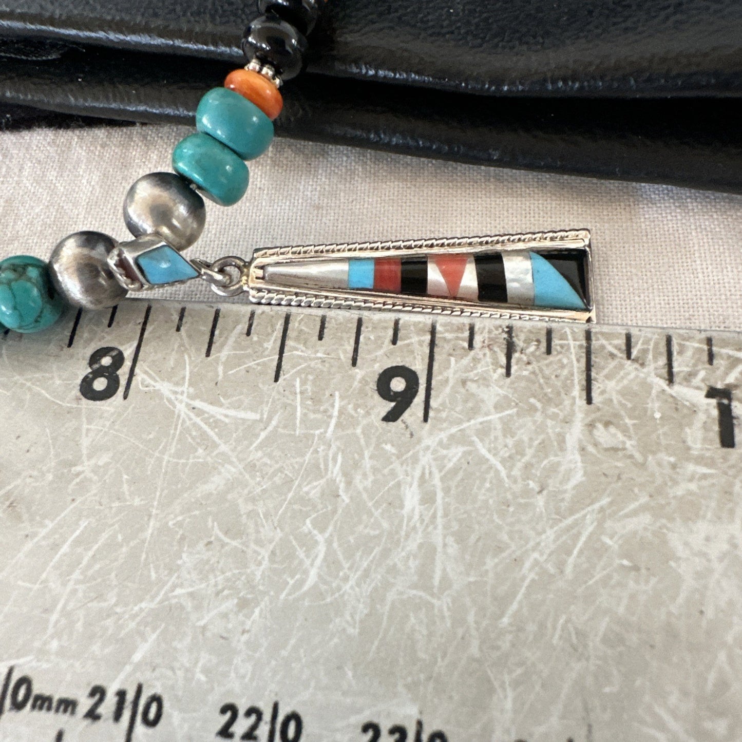 Multicolor Turquoise Spiny  Zuni Sterling Silver Inlay Pendant Necklace 19664