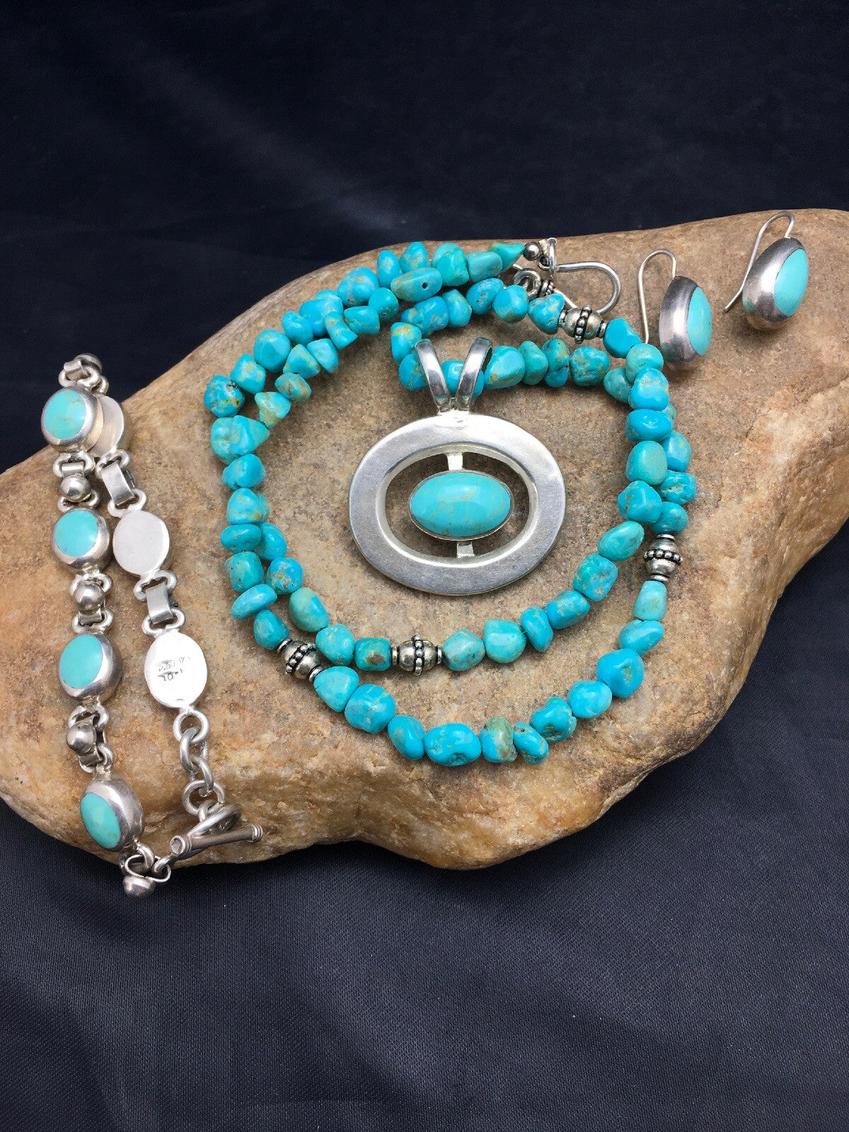 Native Turquoise Nugget Sterling Silver Necklace Earring & Bracelet 3145