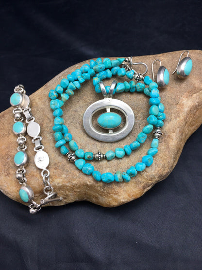 Native Turquoise Nugget Sterling Silver Necklace Earring & Bracelet 3145