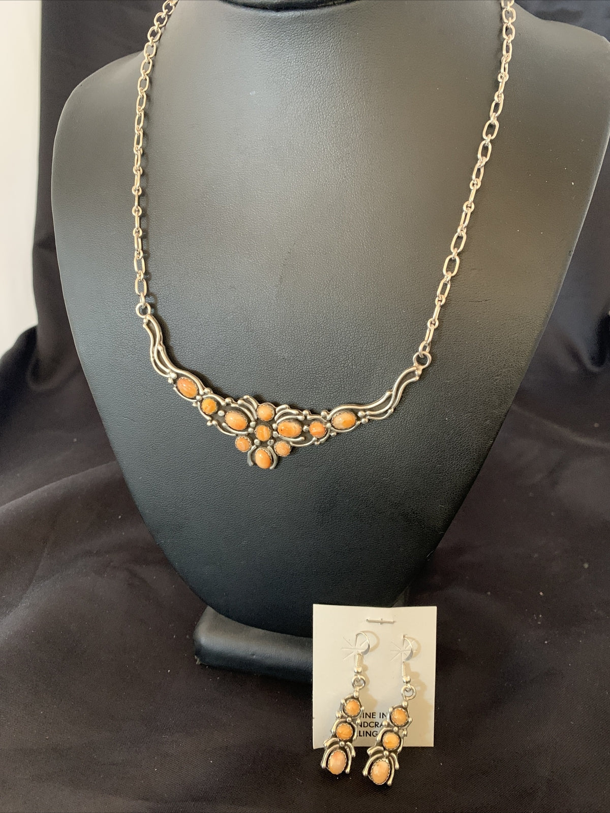 Orange Spiny Oyster Navajo Sterling Silver Necklace & Earrings 02102