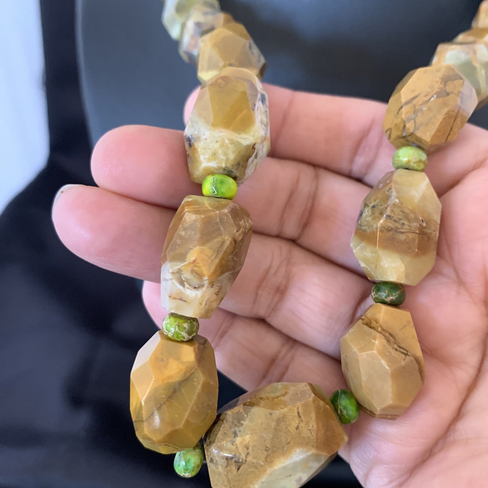 Green Nugget Turquoise Faceted Navajo Sterling Silver Necklace 21" 01494