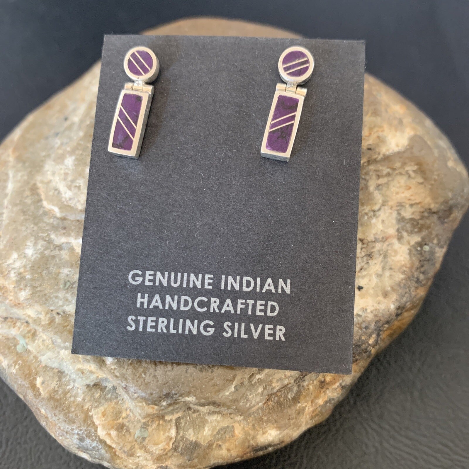 Native Purple Stone Navajo Sterling Silver Dangle Inlay Earrings 0.6" 12682