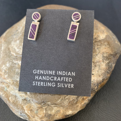 Native Purple Stone Navajo Sterling Silver Dangle Inlay Earrings 0.6" 12682