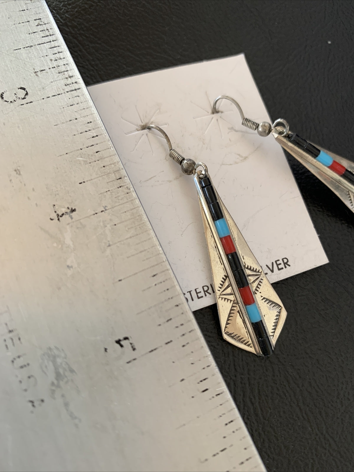 Turquoise & Coral Inlay Navajo Sterling Silver Earrings 1.5" 01710