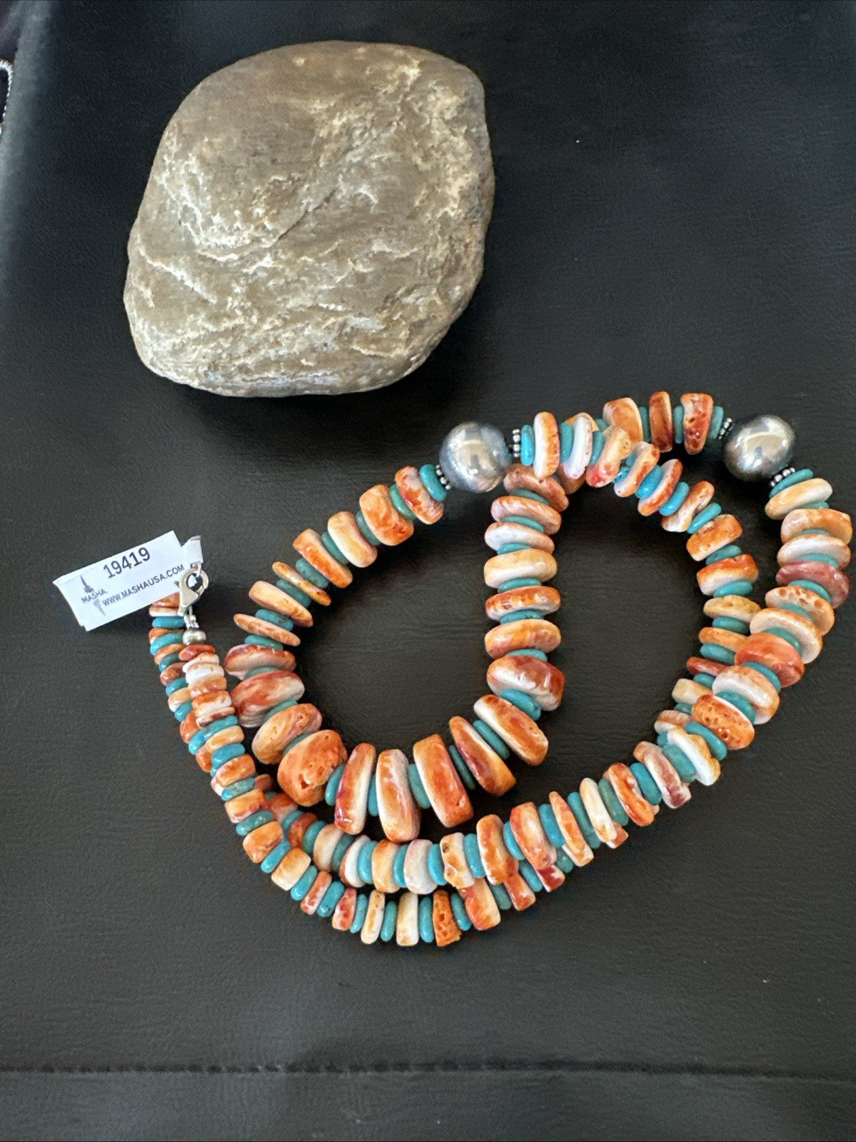 30" Spiny Oyster Turquoise Graduated Navajo Pearl Sterling Silver Necklace 19419