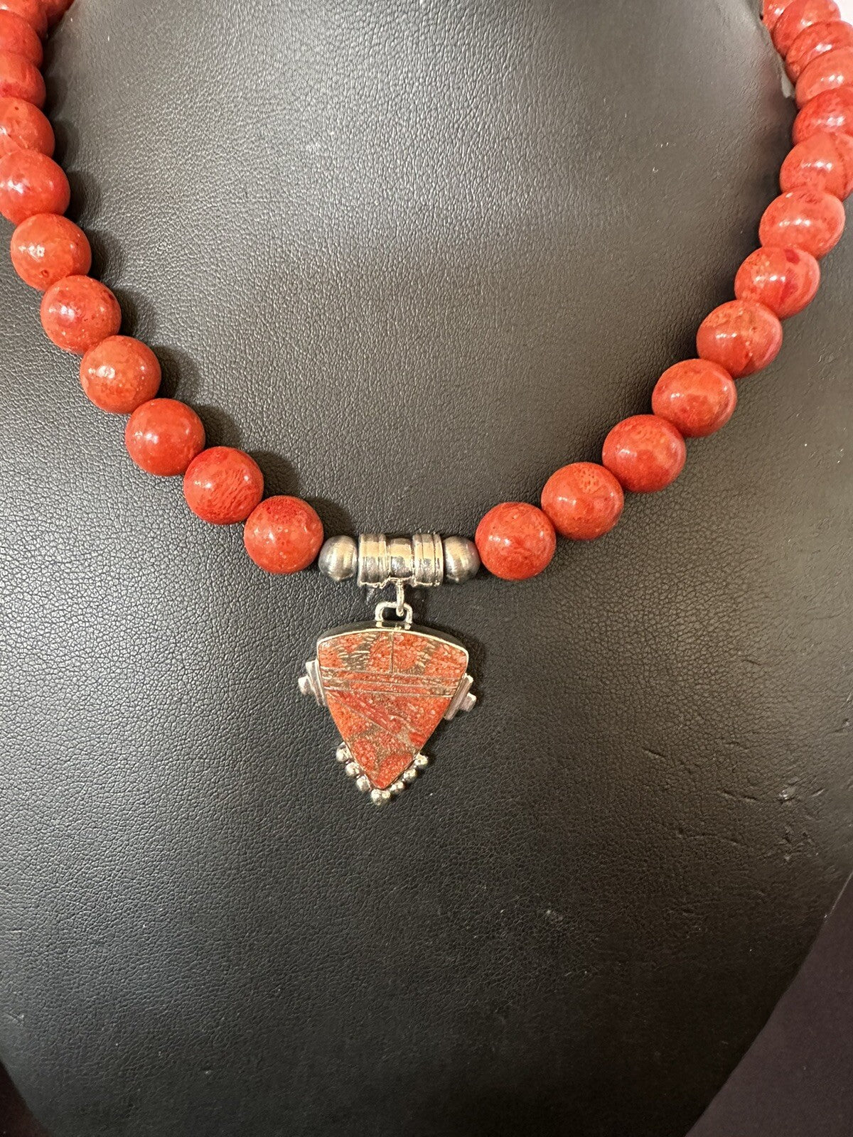 Navajo Apple Sponge Coral Sterling Silver Necklace Pendant 18328