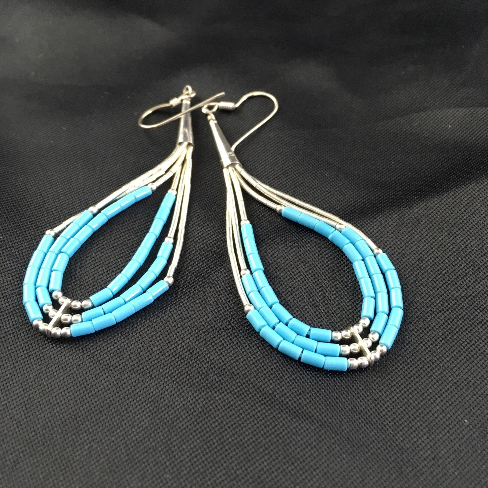 Native Turquoise Heishi Tube Liquid Sterling Silver Dangle Earrings 2" 08875