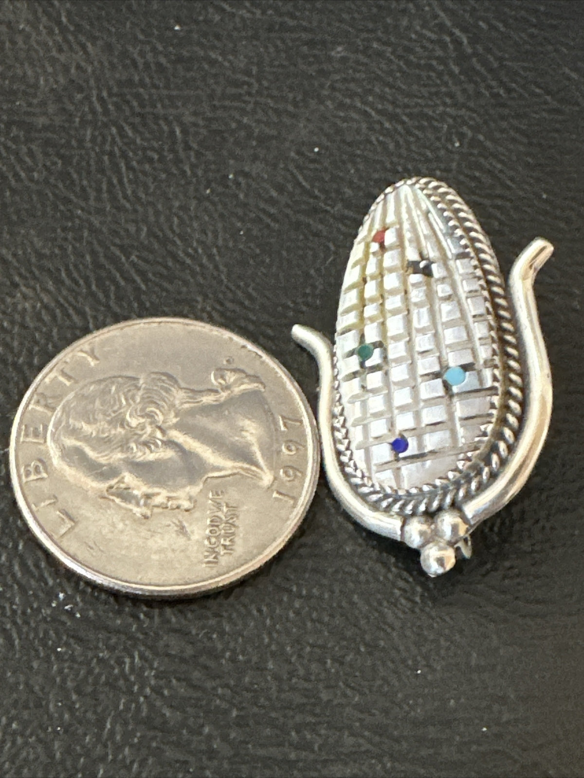 CORN INLAY Turquoise White MOP Spiny Zuni Sterling Silver Pin Pendant 17849