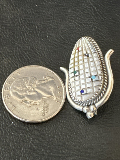 CORN INLAY Turquoise White MOP Spiny Zuni Sterling Silver Pin Pendant 17849