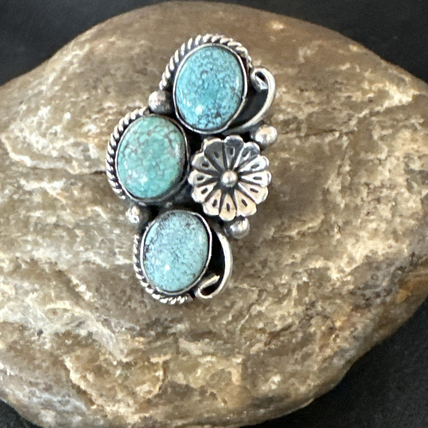 Yazzie Ring Blue Turquoise Navajo Sterling Silver Cluster Size 7 19240
