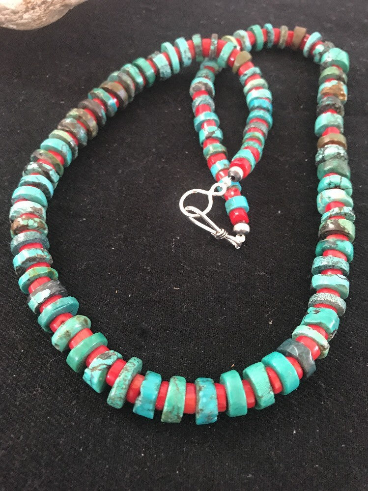 Navajo Mens  8mm Sterling Silver Heishi Blue Green Turquoise Coral Necklace A3
