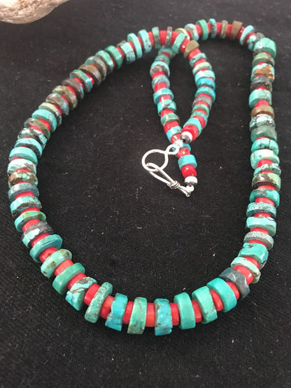 Navajo Mens  8mm Sterling Silver Heishi Blue Green Turquoise Coral Necklace A3