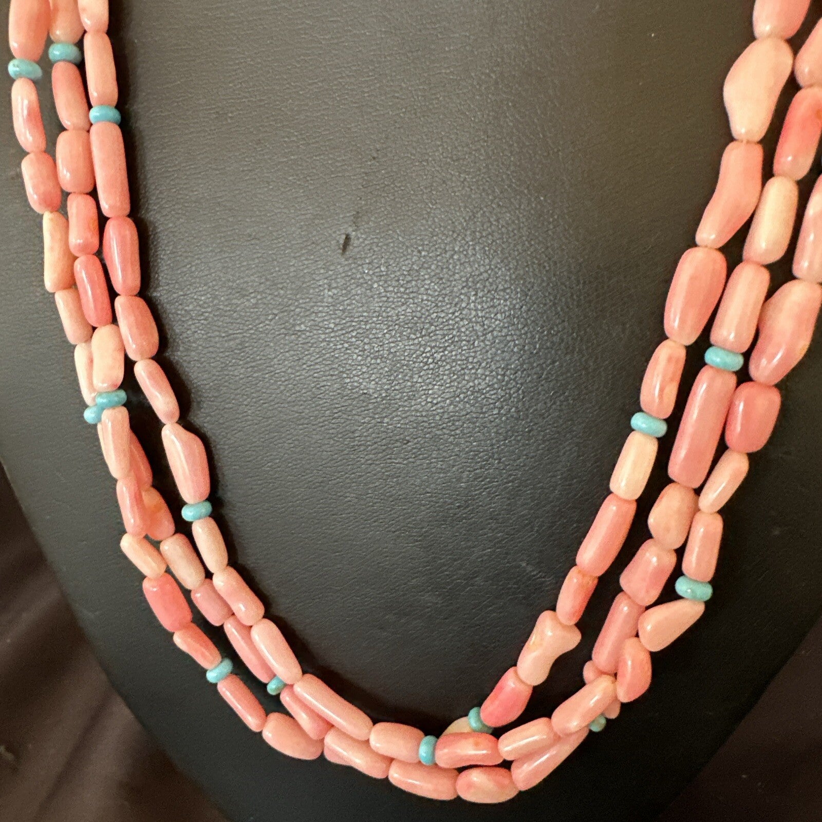 Native American Turquoise Pink Coral Sterling Silver 3 Strand Necklace 21" 17815