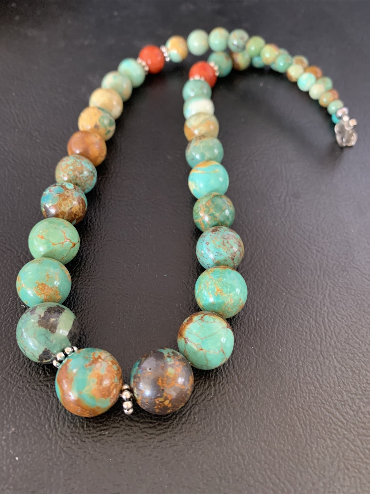 Green Turquoise Apple Coral Navajo Graduated Sterling SIlver Necklace 18" 13207N