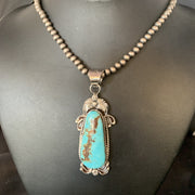 Men Blue Kingman Turquoise Pendant Navajo Pearls Necklace 14204N | Sterling Silver | Authentic Native American Handmade