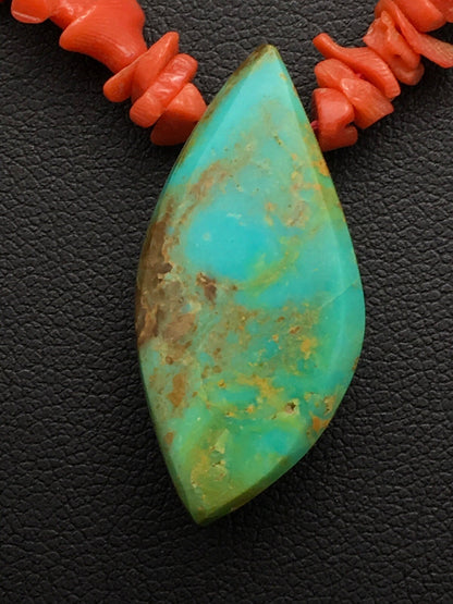 Native American Turquoise Pendant Coral Brass Old Pawn Necklace 19" 04005