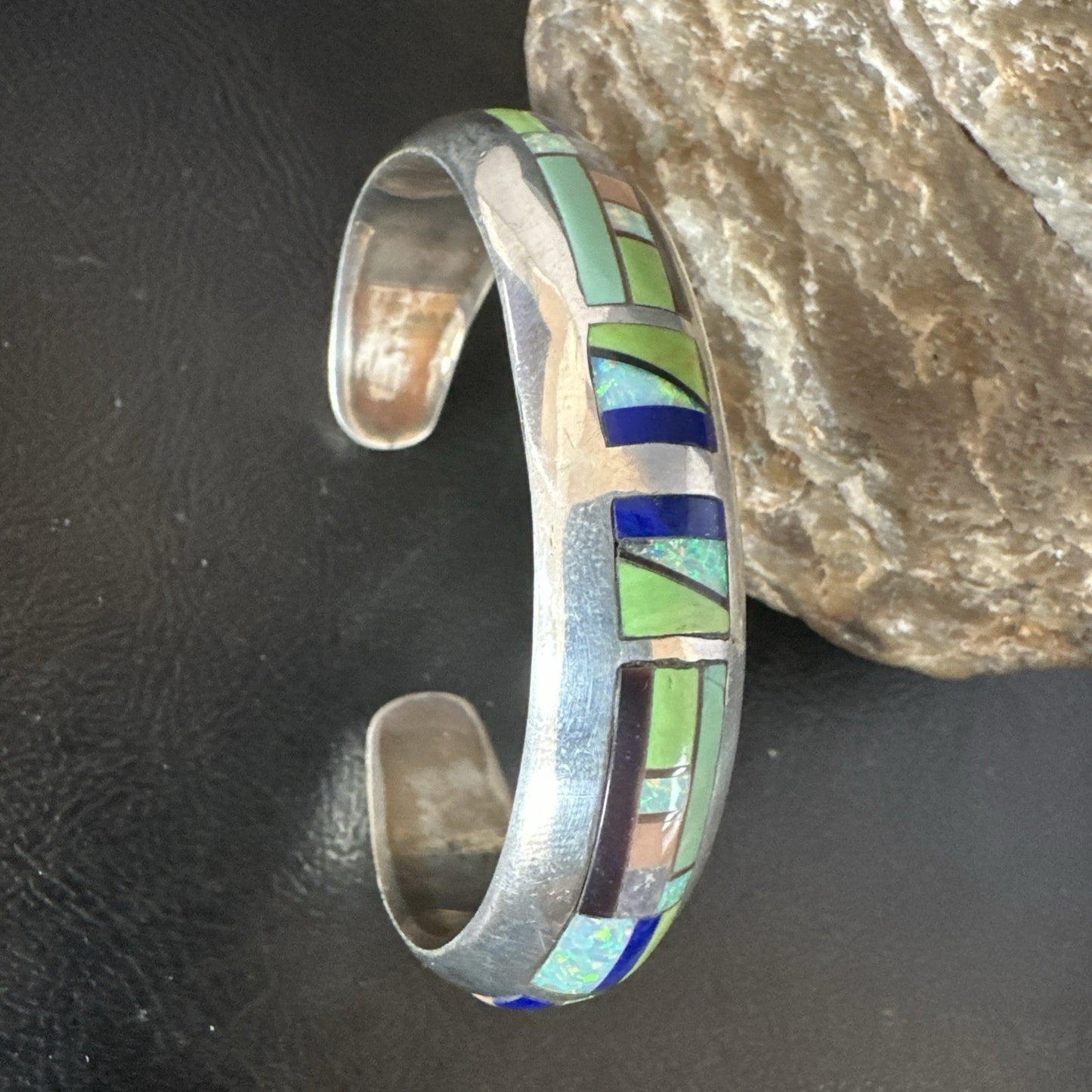 Womens Green Turquoise Lapis Navajo Sterling Silver Inlay Cuff Bracelet 19037
