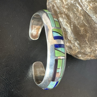 Womens Green Turquoise Lapis Navajo Sterling Silver Inlay Cuff Bracelet 19037