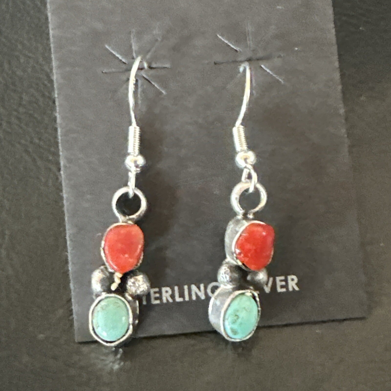 Handmade Blue Turquoise Red Coral Sterling Silver Navajo Dangle Earrings 18841