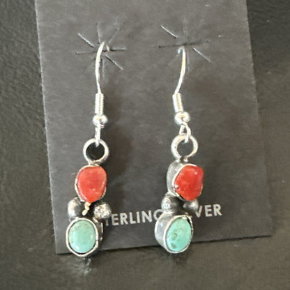 Handmade Blue Turquoise Red Coral Sterling Silver Navajo Dangle Earrings 18841