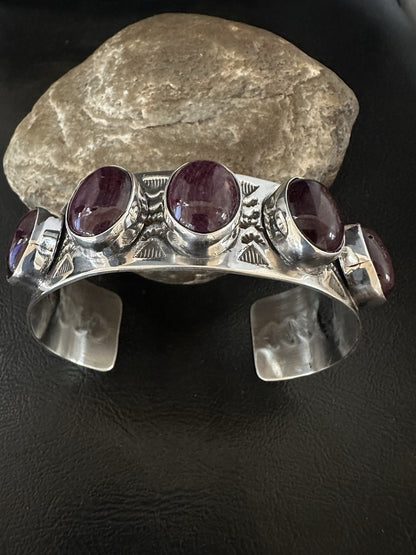 Purple Spiny Oyster Row 5 Stone Sterling Silver Navajo Cuff Bracelet 19473