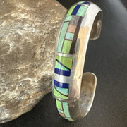 Women's Green Turquoise Lapis Navajo Inlay Cuff Bracelet | Sterling Silver | Authentic Native American Handmade | 19037