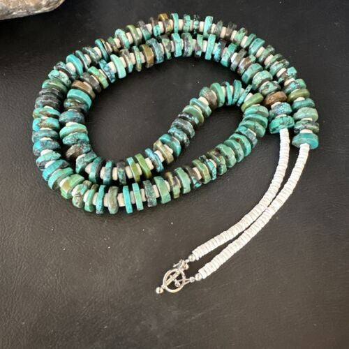 Native Navajo Turquoise Shell Heishi Bead Necklace Sterling 32" 15529