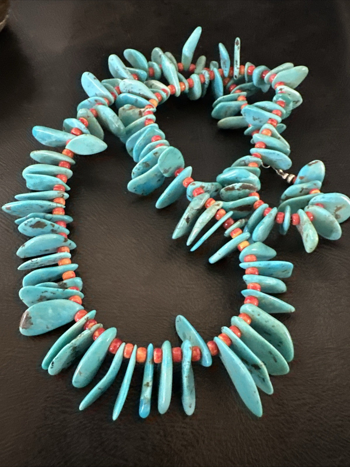 Large Blue Turquoise Red Spiny Navajo Pearls Sterling Silver Necklace 21" 19319