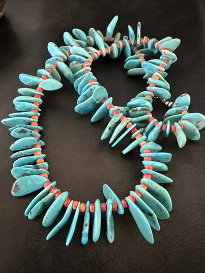Large Blue Turquoise Red Spiny Navajo Pearls Sterling Silver Necklace 21" 19319