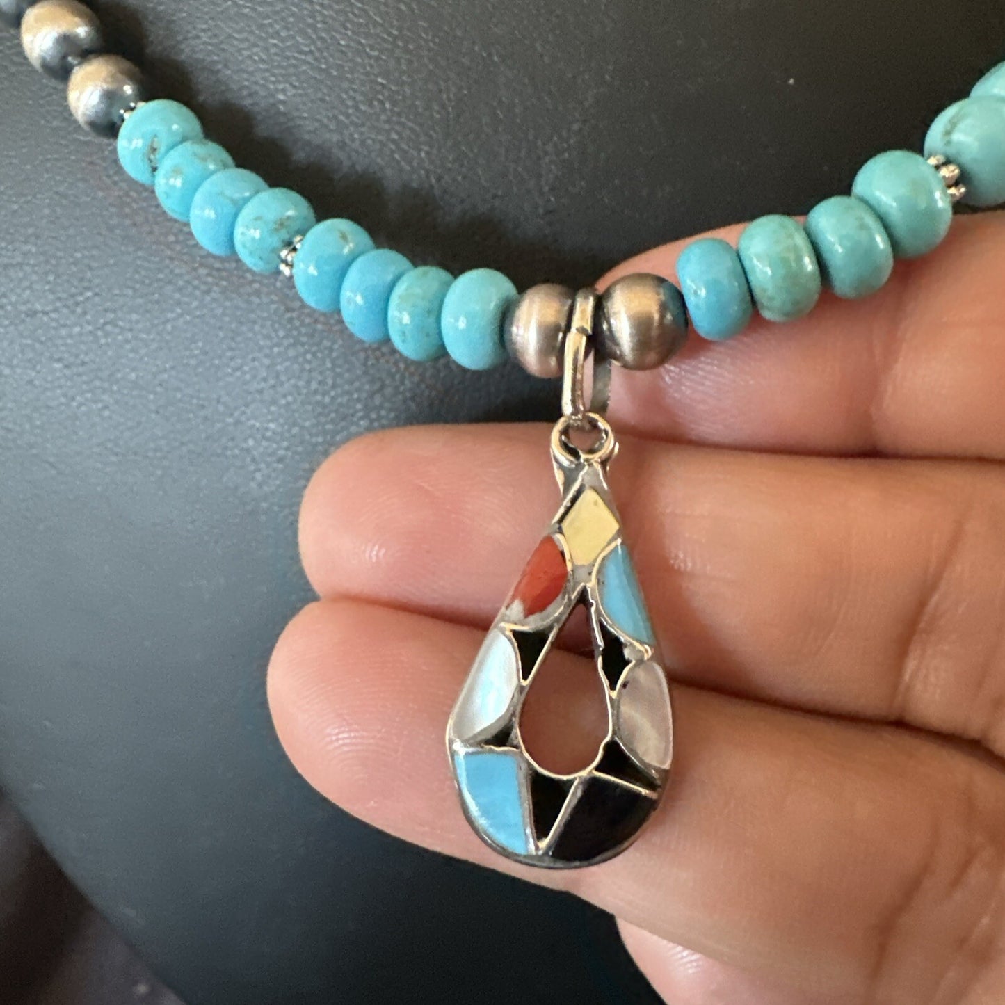 Zuni Turquoise Pink MOP Inlay Pendant 2Sided Necklace Sterling Silver 18064