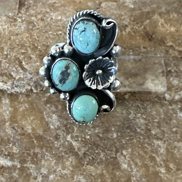 Yazzie Ring Green Turquoise Navajo Cluster Size 8.5 | Sterling Silver | Authentic Native American Handmade | 19215