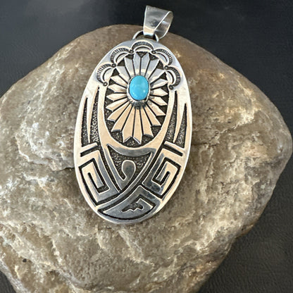 Hopi Native American Turquoise Pendant  Stamped Sterling Silver 2.5” 19686