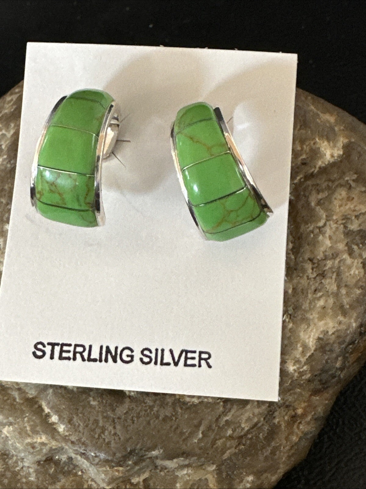 Southwestern Sterling Silver Green Gaspiete Inlay Earrings 1” 19266