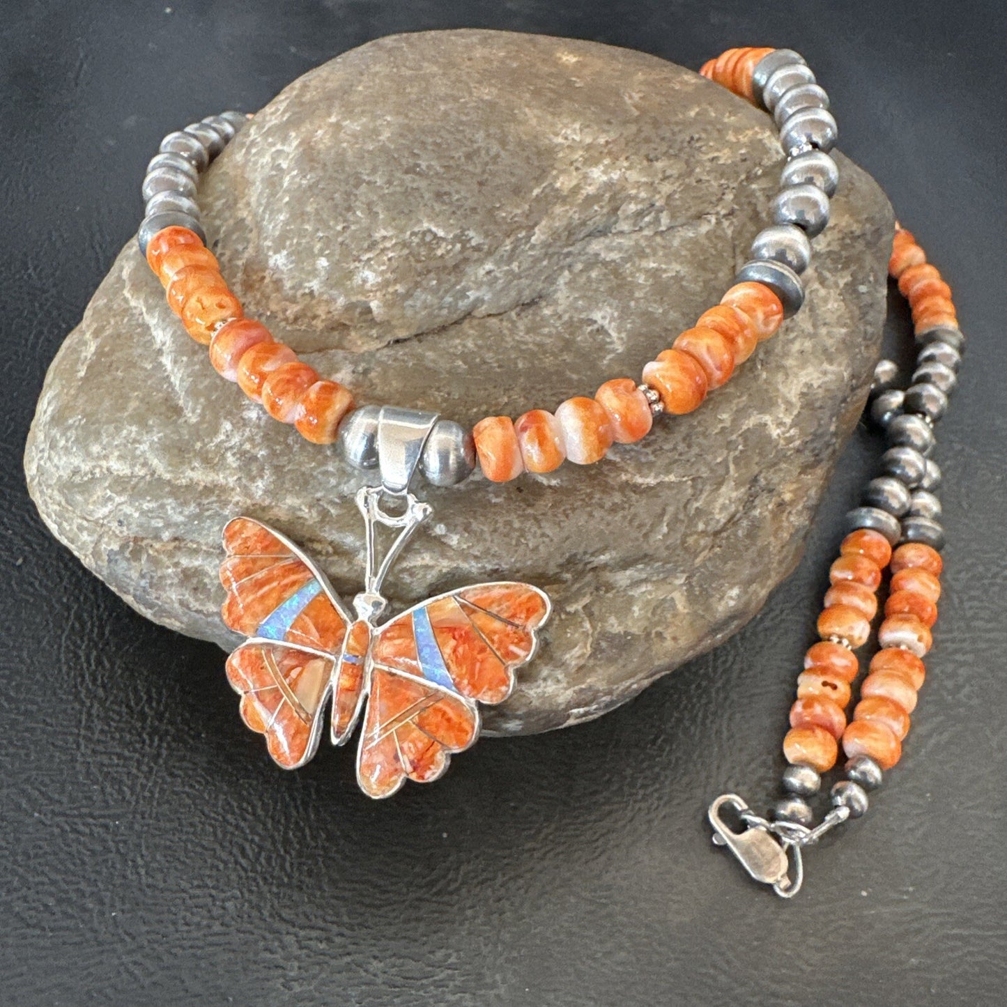 Butterfly Orange Spiny Oyster Opal Inlay Sterling Silver  Necklace Pendant 18676