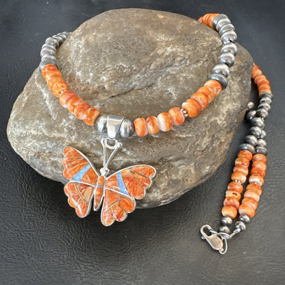Butterfly Orange Spiny Oyster Opal Inlay Sterling Silver  Necklace Pendant 18676