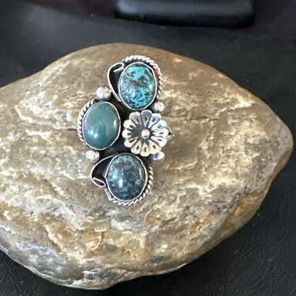 Yazzie Ring Blue Turquoise Navajo Sterling Silver Cluster Size 8.5 19238