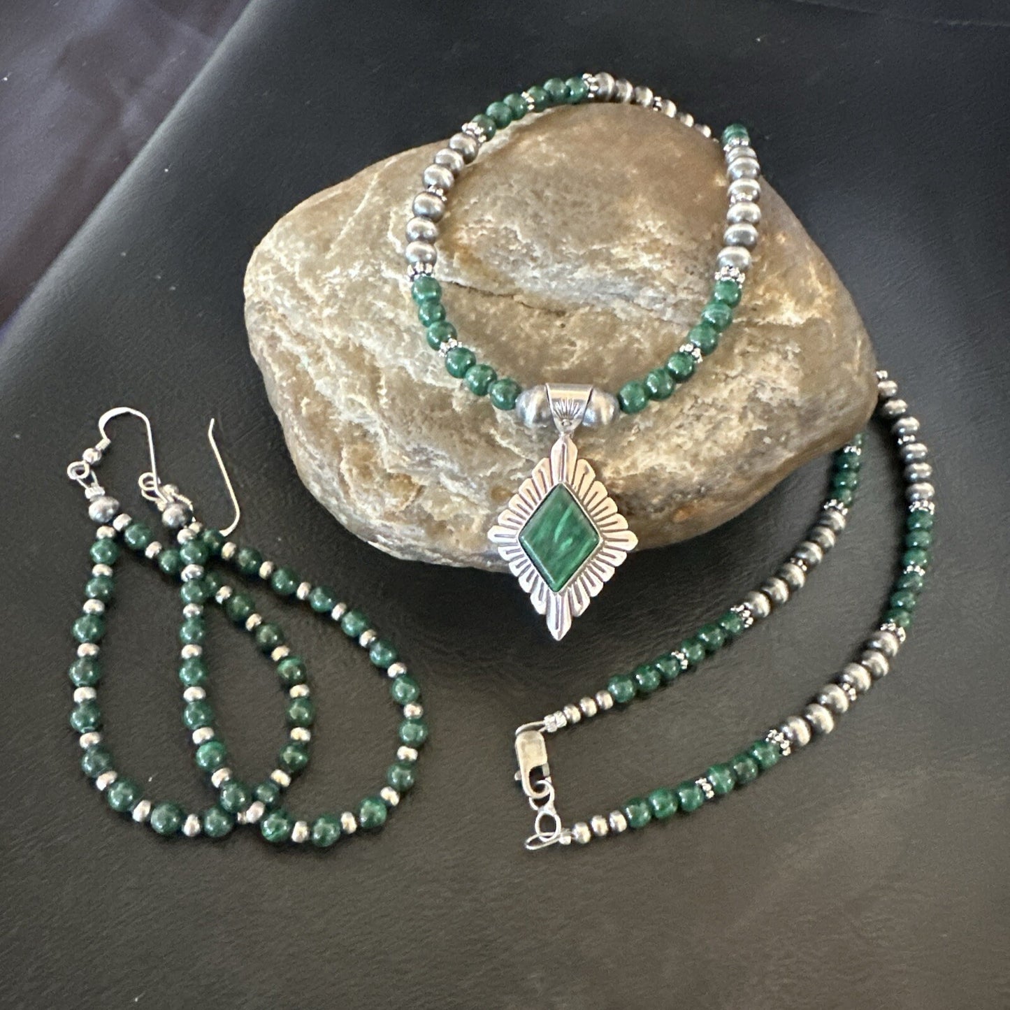 Womens Green Malachite Pendant Navajo Sterling Silver Necklace Earrings 18374