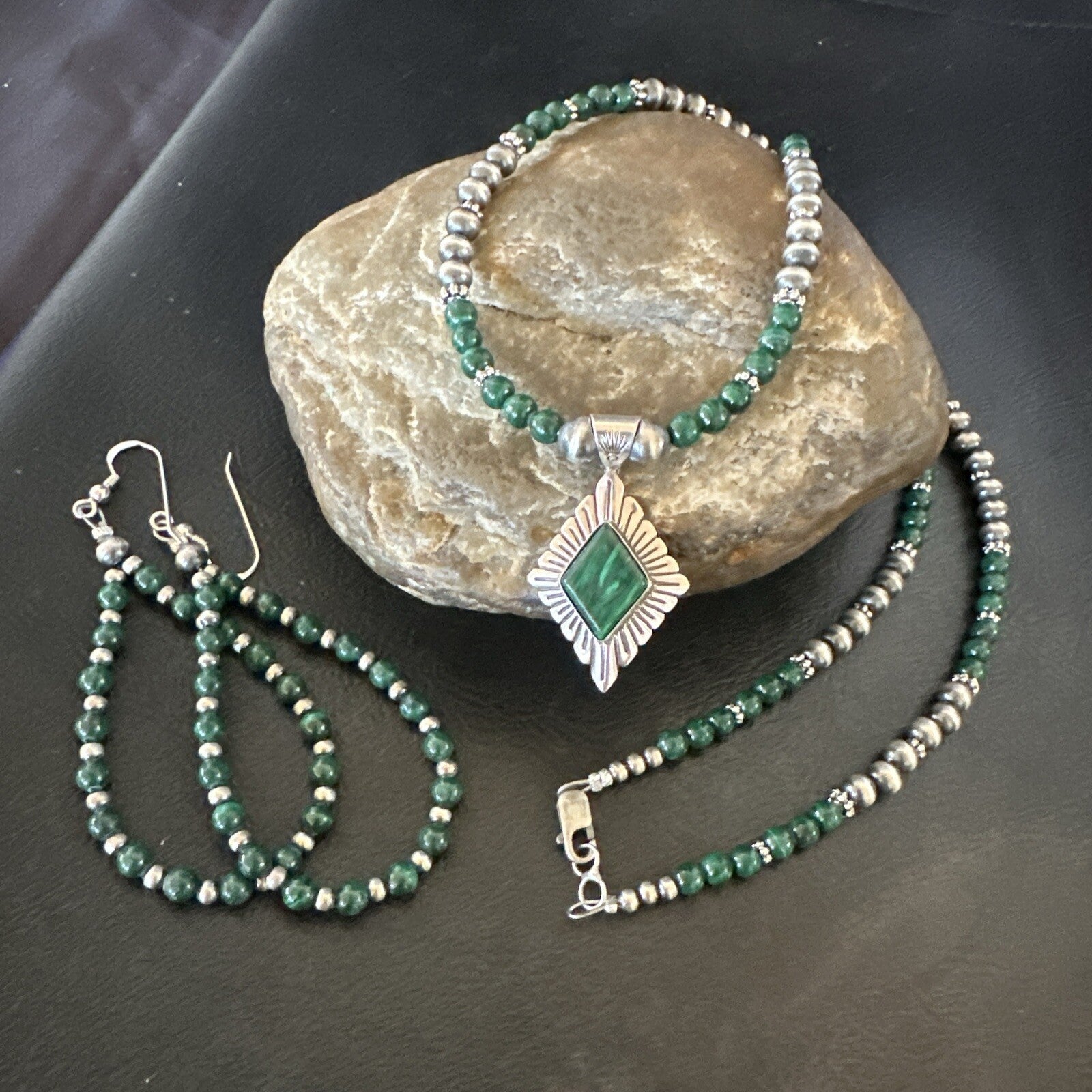 Womens Green Malachite Pendant Navajo Sterling Silver Necklace Earrings 18374