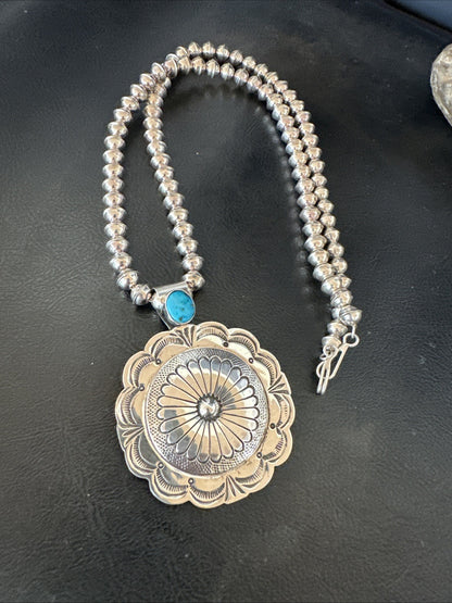 H Joe Navajo Sterling Silver Pendant Blue Kingman Turquoise Necklace 25”19443