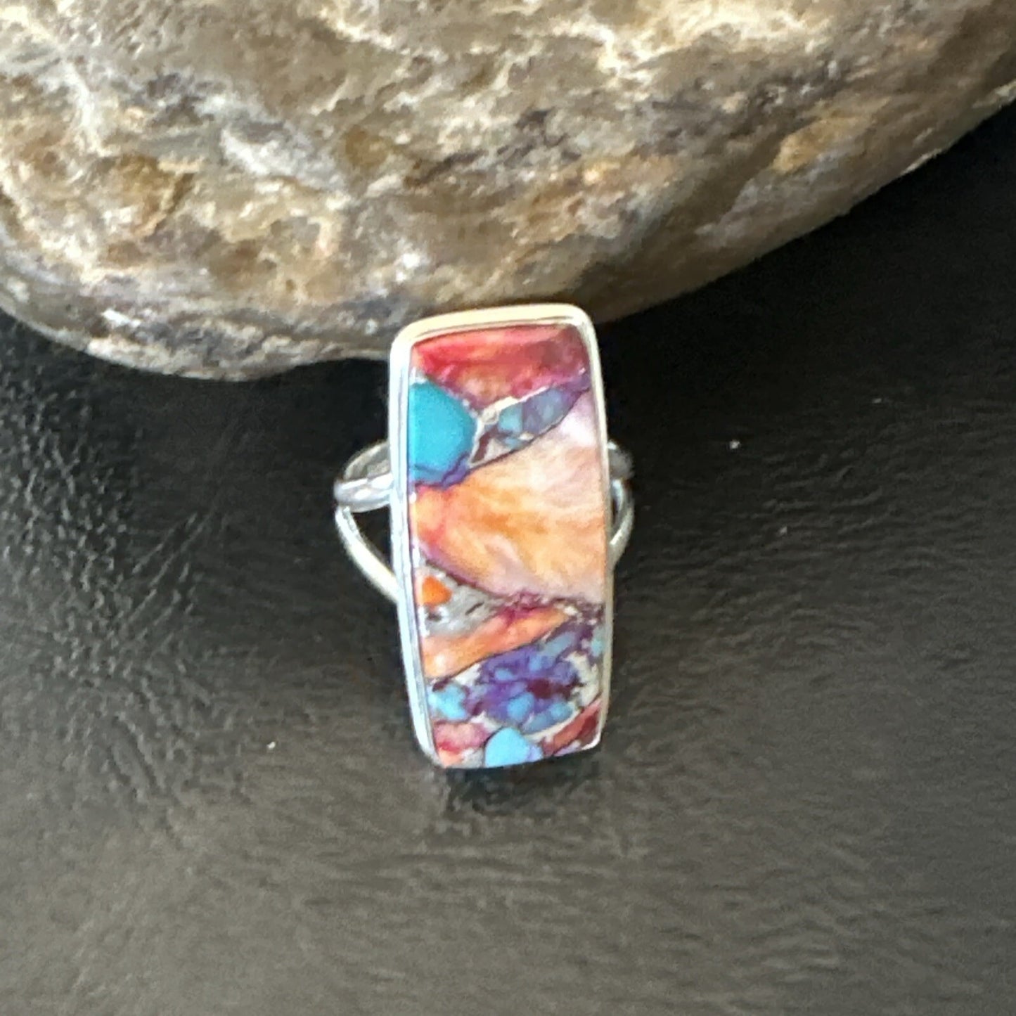 Blue Turquoise Spiny Oyster Southwestern Sterling Silver Ring Size 7 18489
