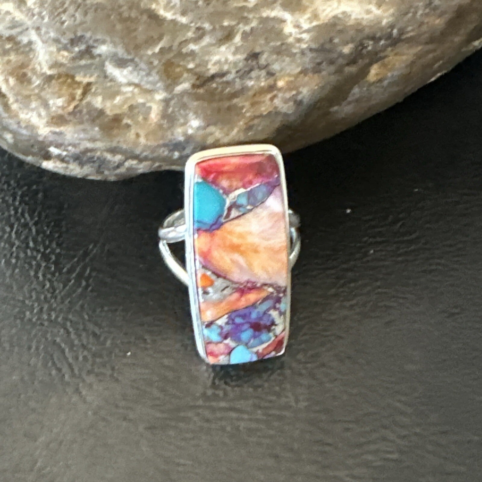 Blue Turquoise Spiny Oyster Southwestern Sterling Silver Ring Size 7 18489
