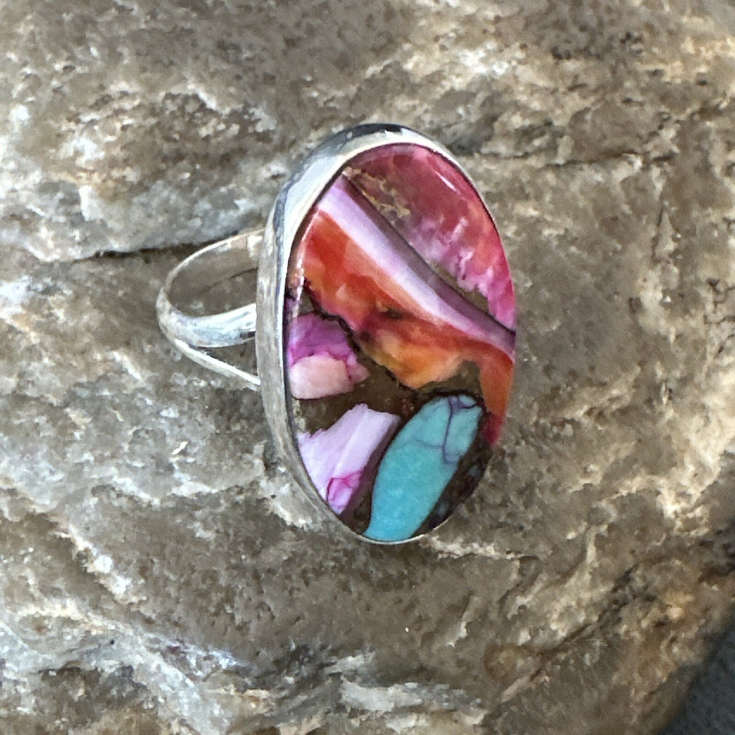 Blue Turquoise Spiny Oyster Southwestern Sterling Silver Ring Size 7 18497