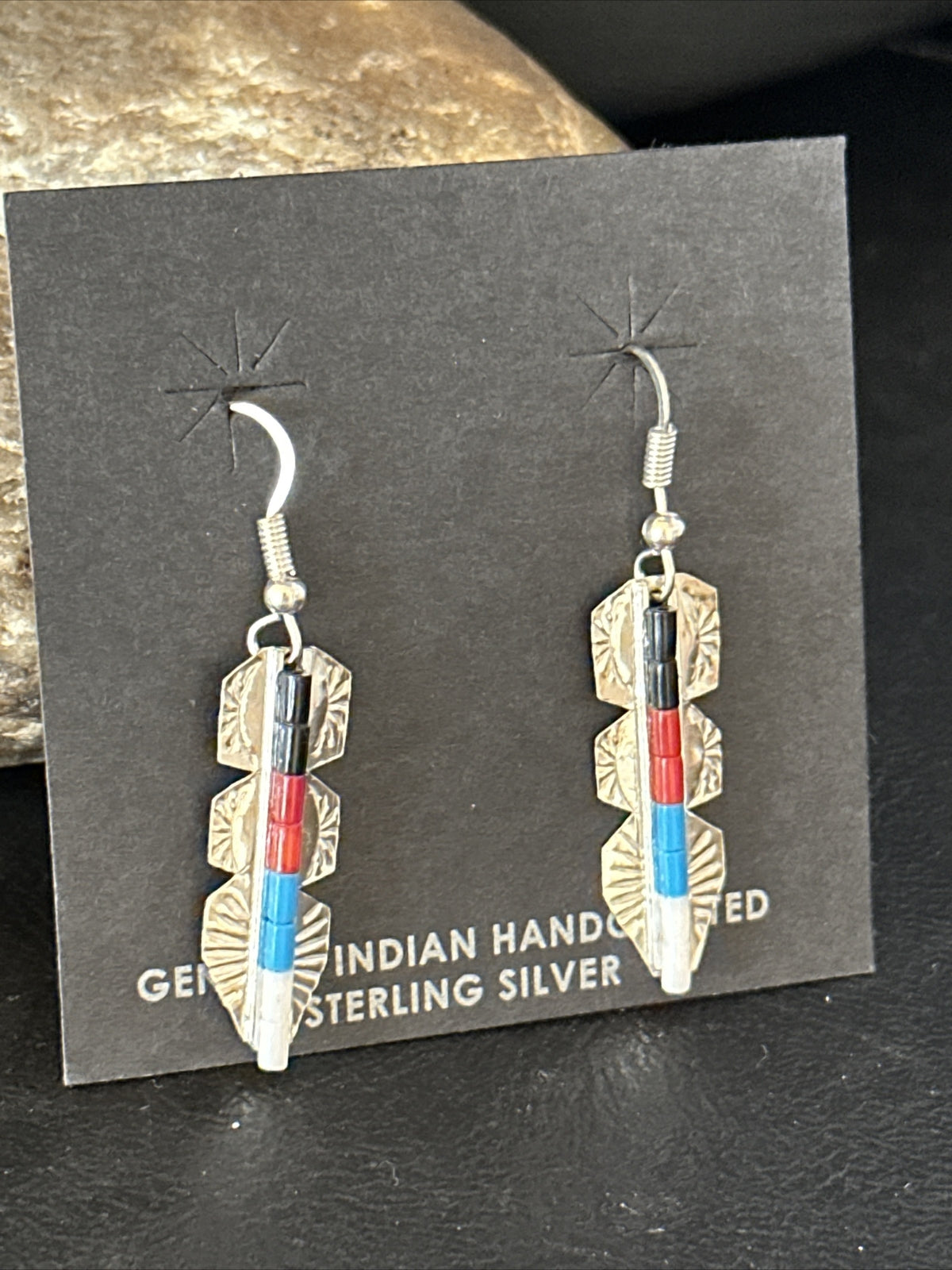 Lapis, Opal, Coral Navajo Sterling Silver Inlay Earrings 1.5” 14770