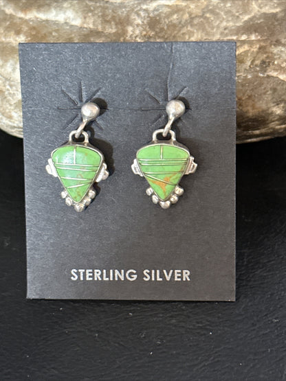 Green Gaspeite Navajo Sterling Silver Inlay 1" Earrings 14779