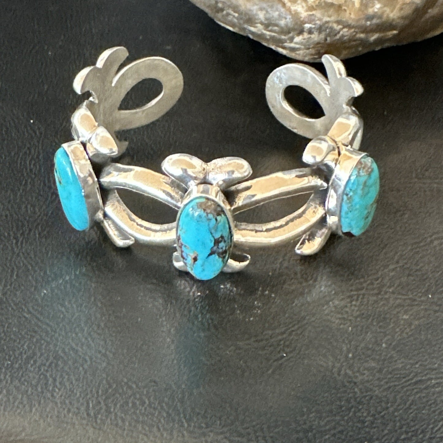 Tufa Cast Blue Turquoise 3 Stone Navajo Sterling Silver Cuff Bracelet 18572