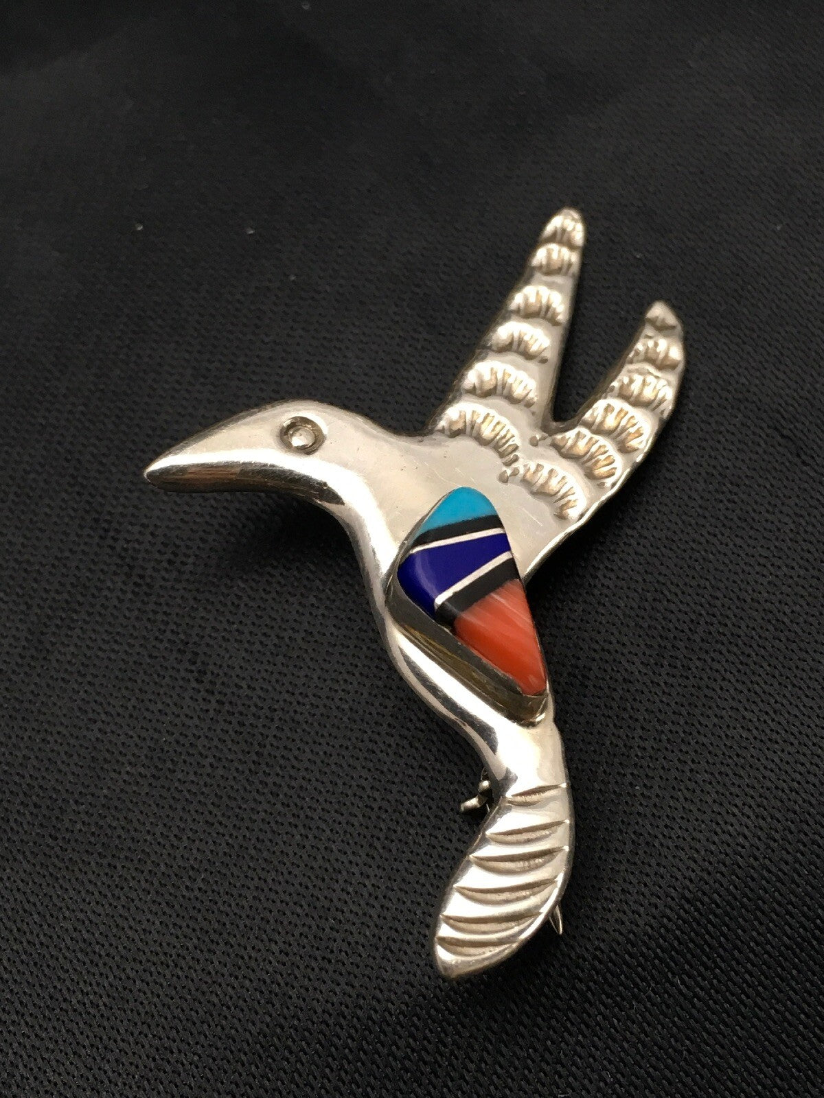 Turquoise Lapis & Coral Hummingbird Inlay Pin Navajo Sterling Silver 02900