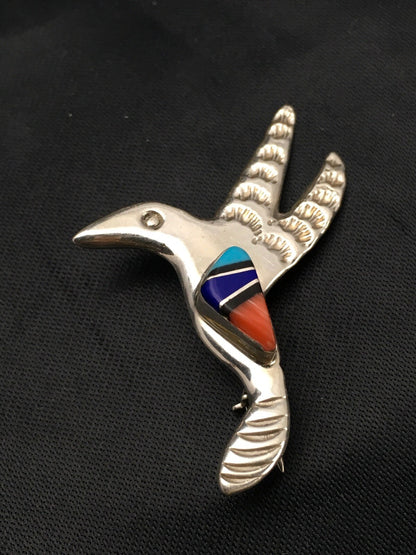 Turquoise Lapis & Coral Hummingbird Inlay Pin Navajo Sterling Silver 02900