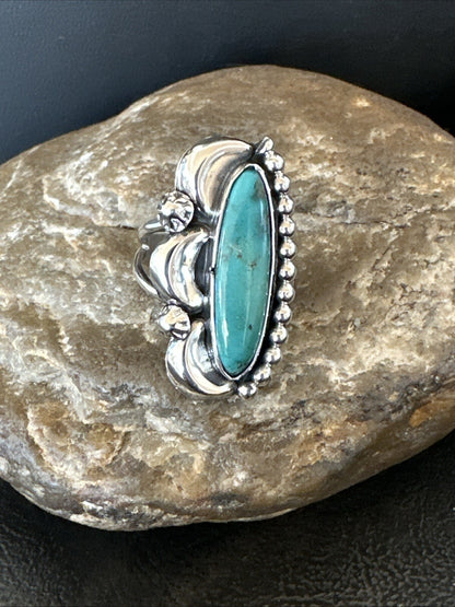 Blue Kingman Turquoise Native American Navajo Sterling Silver Ring Size 8 18633
